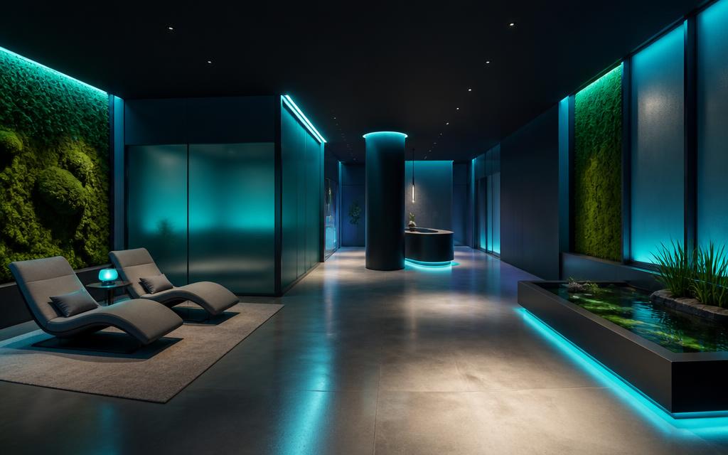 GODS PLAN wellness center interior with calming teal and cyan ambient lighting